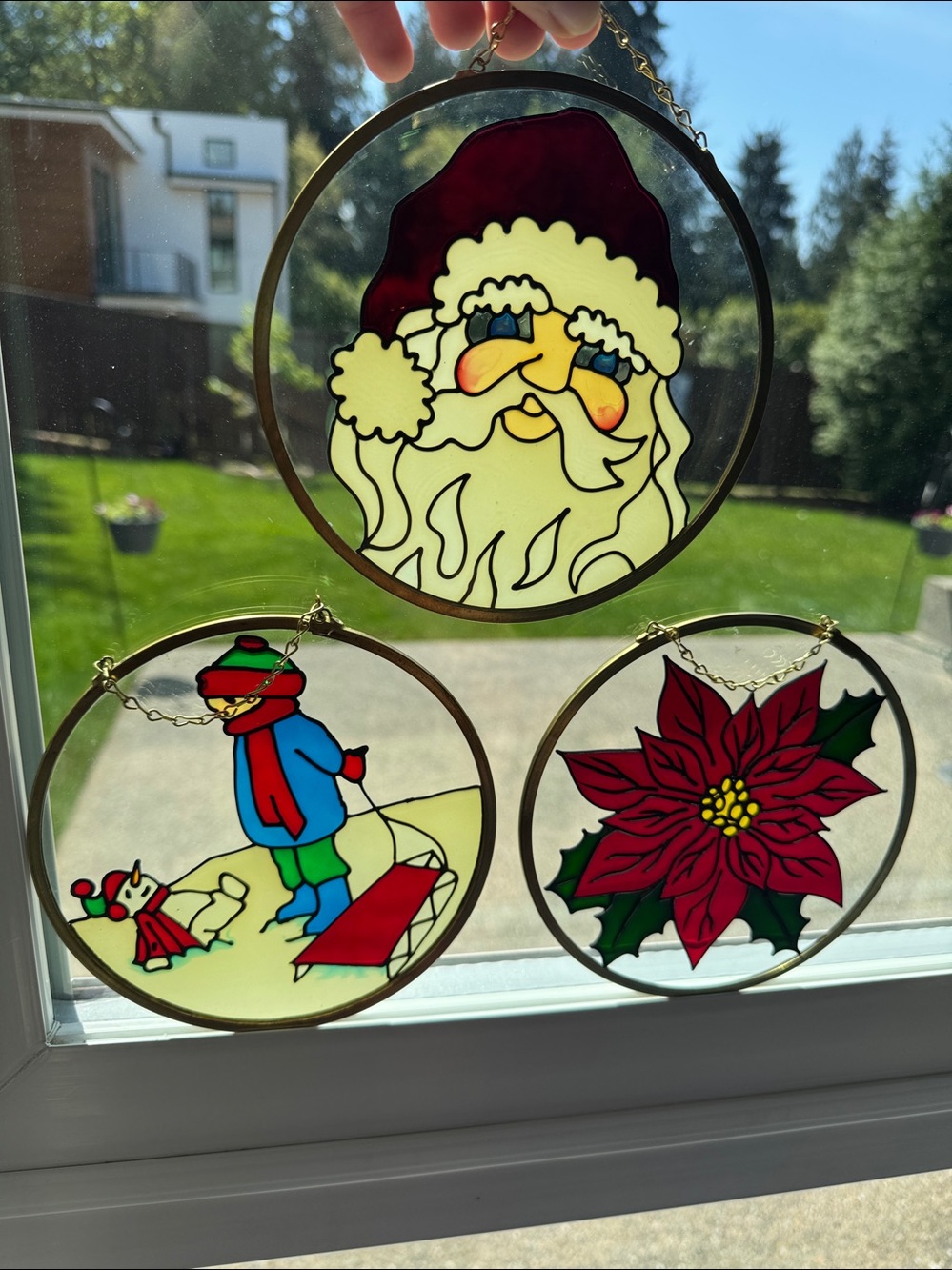 Vintage Holiday Stained Glass sun catchers Trio of Santa,Poinsettia,snow scene